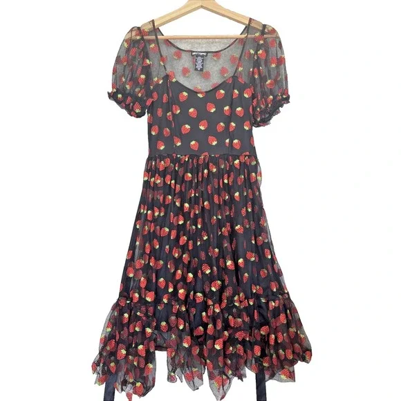 Hot Topic Strawberry Dress XS Black Red Glitter Coquette Pinup Novelty Retro - Picture 1 of 15